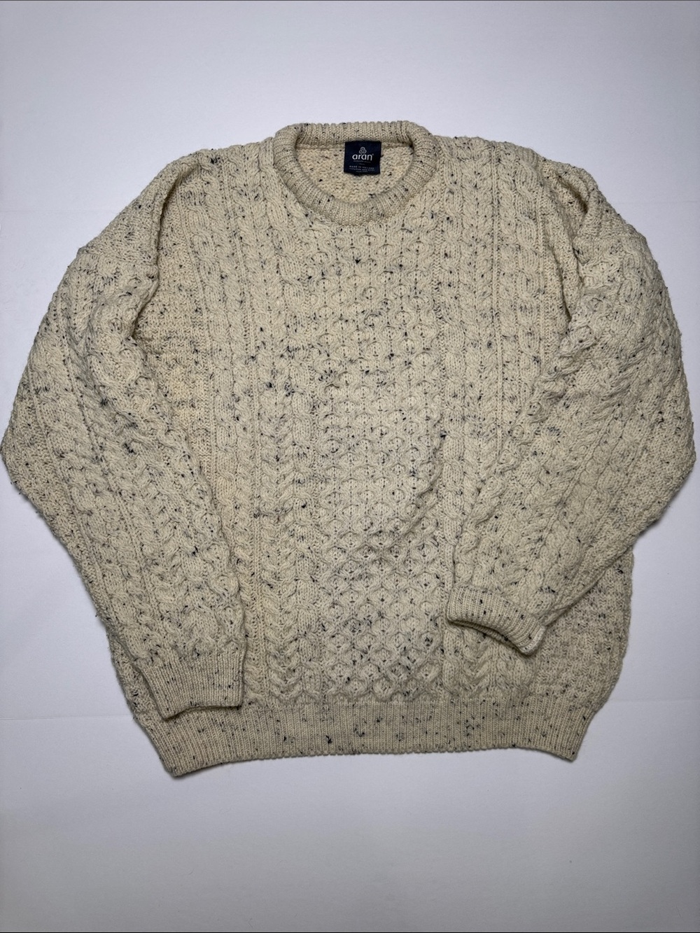 ARAN Woolen Mills Men's Flecked Cream Cable-Knit Fisherman Crewneck Sweater XL